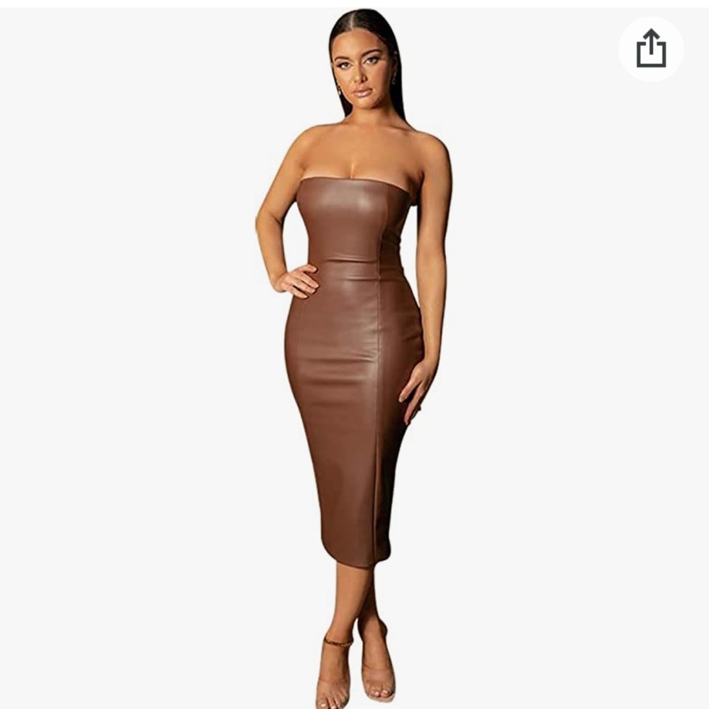 Women Sexy Strapless Tube Top Midi Dress Off Shoulder Bodycon Faux Leather Dress
